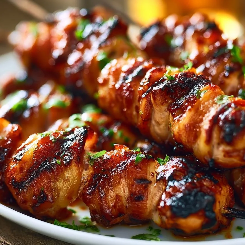 Gegrillte Honig-BBQ-Bacon-Hühnchen-Spieße einfach zubereiten
