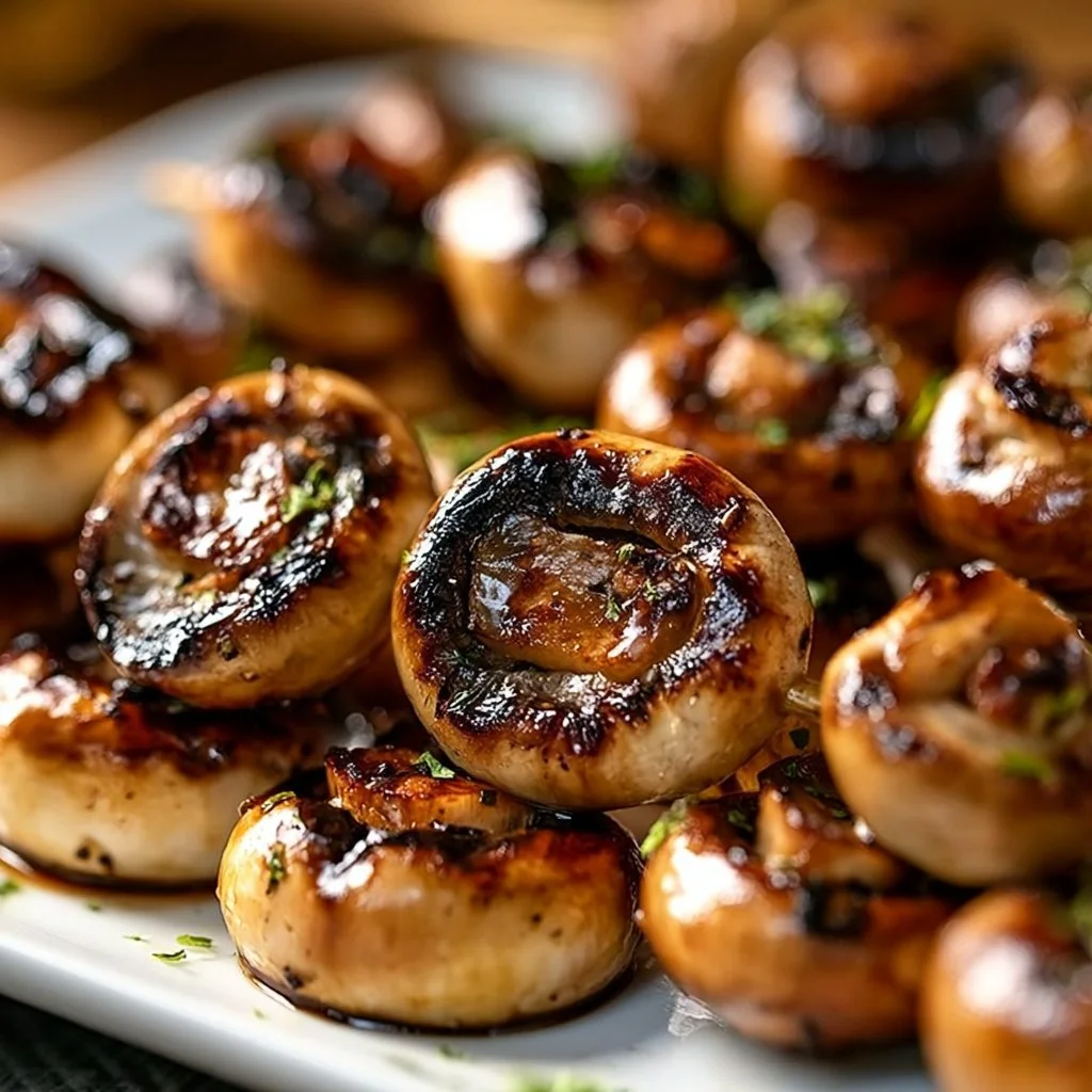 Gegrillte Pilzspieße auf dem Grill, saftig und aromatisch.
