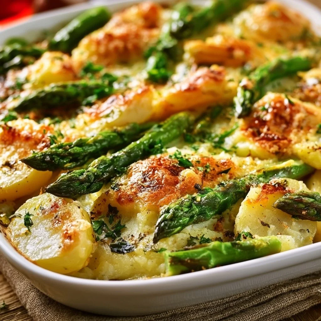 Grüner Spargel-Kartoffel-Auflauf mit frischem Gemüse und Käse überbacken