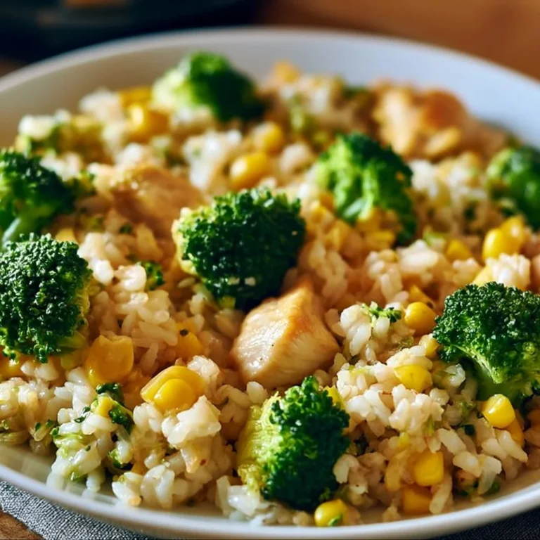Hähnchen-Reis-Pfanne mit Brokkoli und Mais auf einem Teller serviert