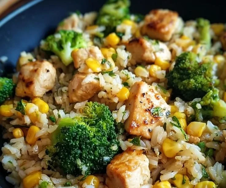 Hähnchen-Reis-Pfanne mit Brokkoli und Mais