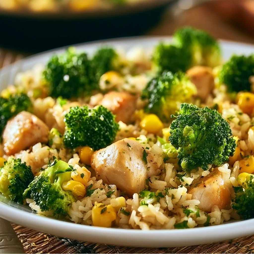 Hähnchen-Reis-Pfanne mit Brokkoli und Mais