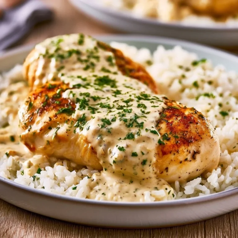 Hähnchenbrust in Sahnesauce mit Reis auf einem Teller angerichtet