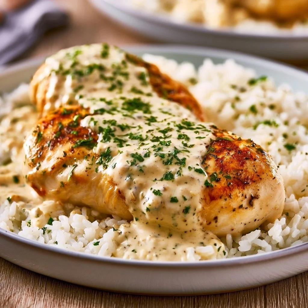 Hähnchenbrust in Sahnesauce mit Reis auf einem Teller angerichtet