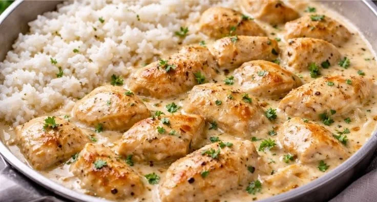 Hähnchenbrust in Sahnesauce mit Reis