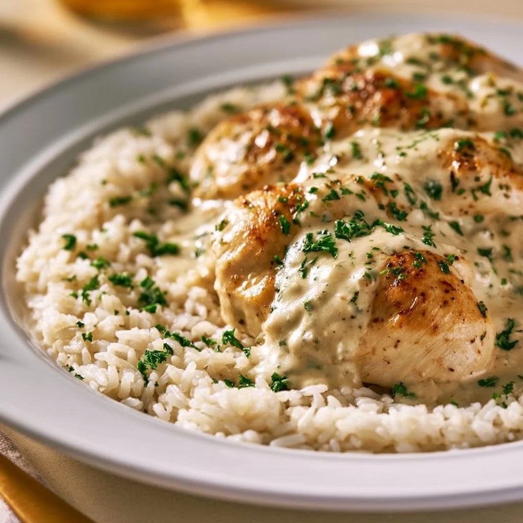 Hähnchenbrust in Sahnesauce mit Reis