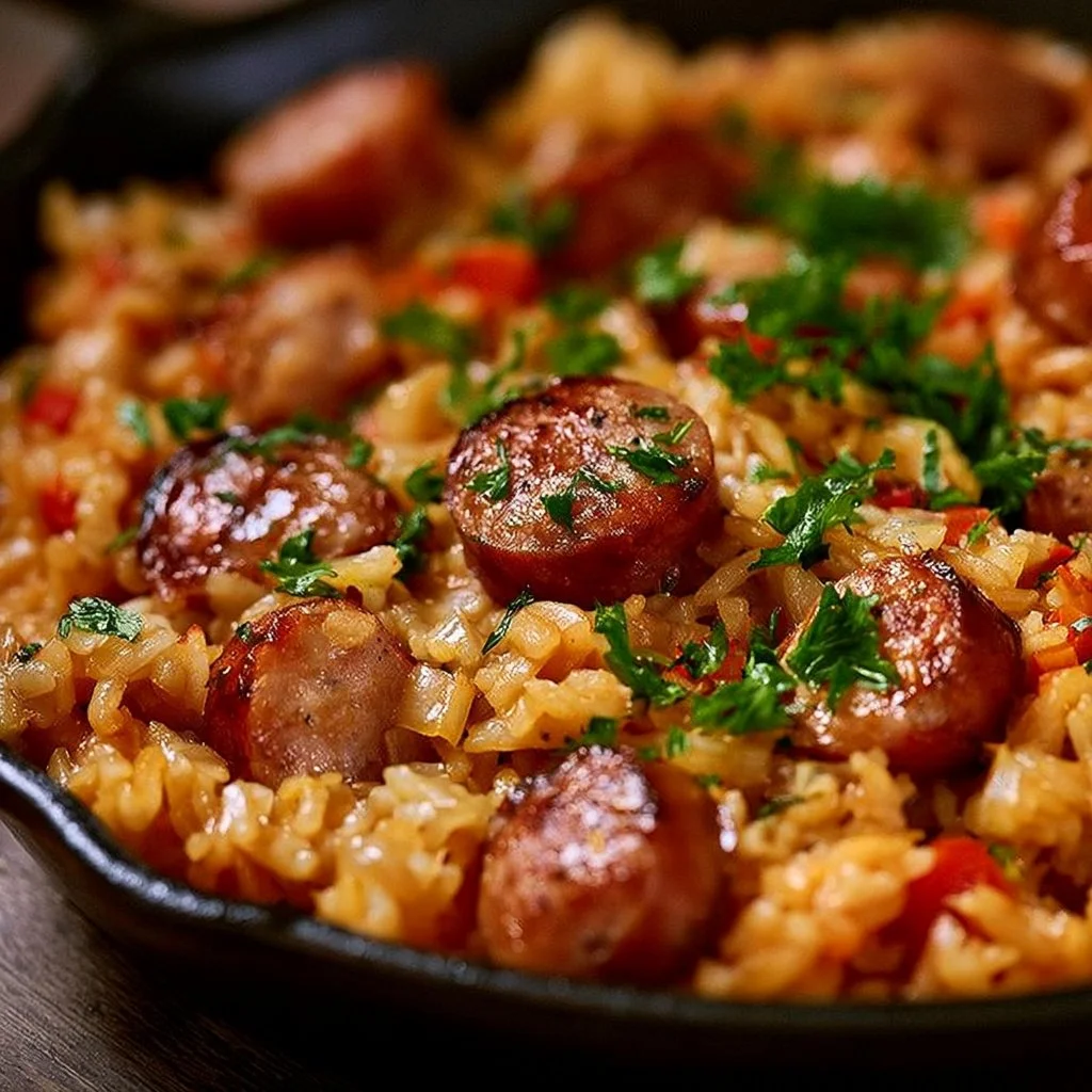Herzhafte Wurst-Reis-Pfanne mit frischen Zutaten in einer Pfanne zubereitet.