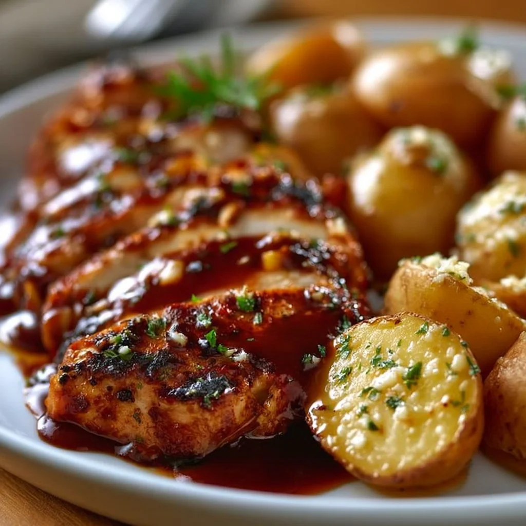 Honig-BBQ-Hähnchen mit Knoblauch-Parmesan-Kartoffeln auf einem Teller serviert