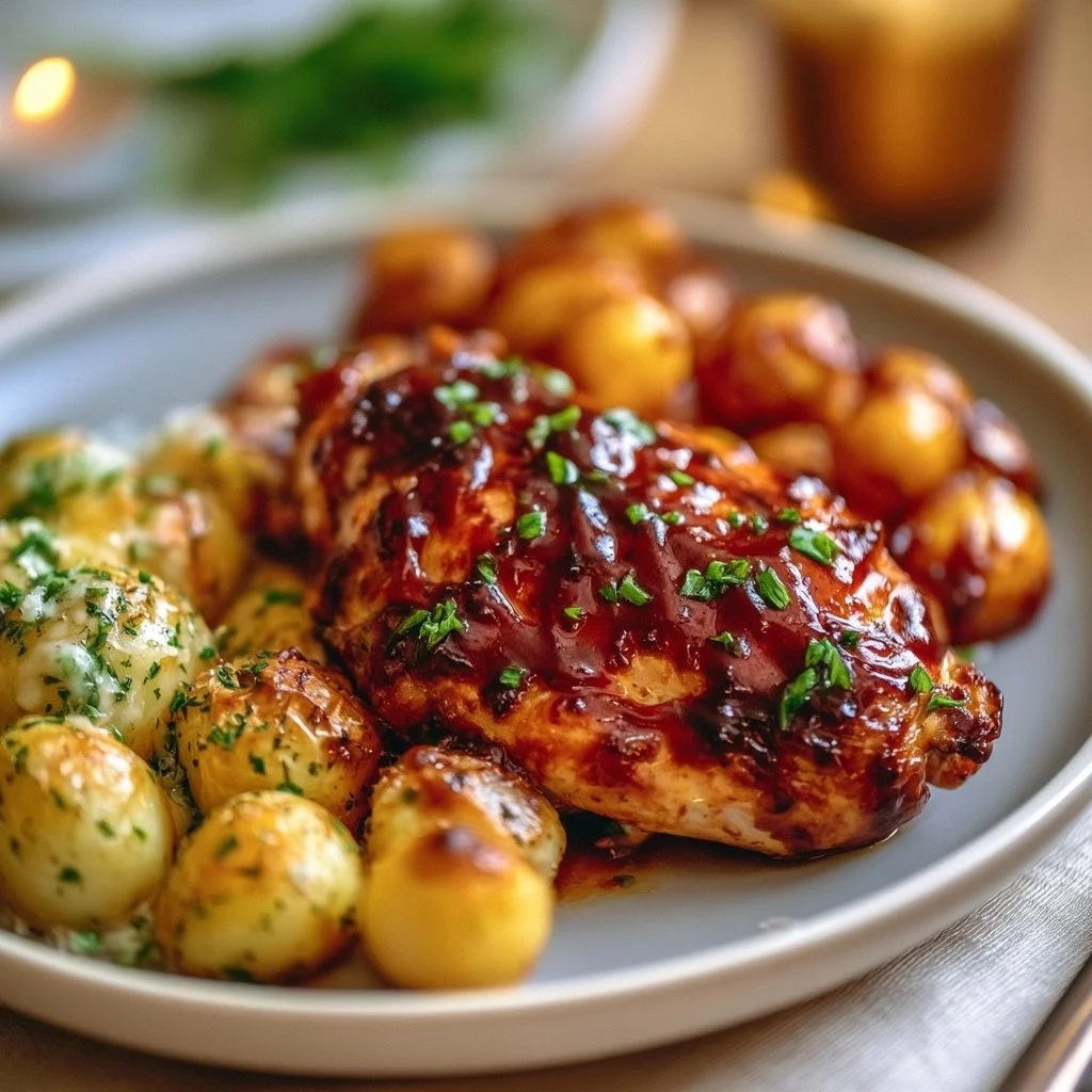 Honig-BBQ-Hähnchen mit Knoblauch-Parmesan-Kartoffeln