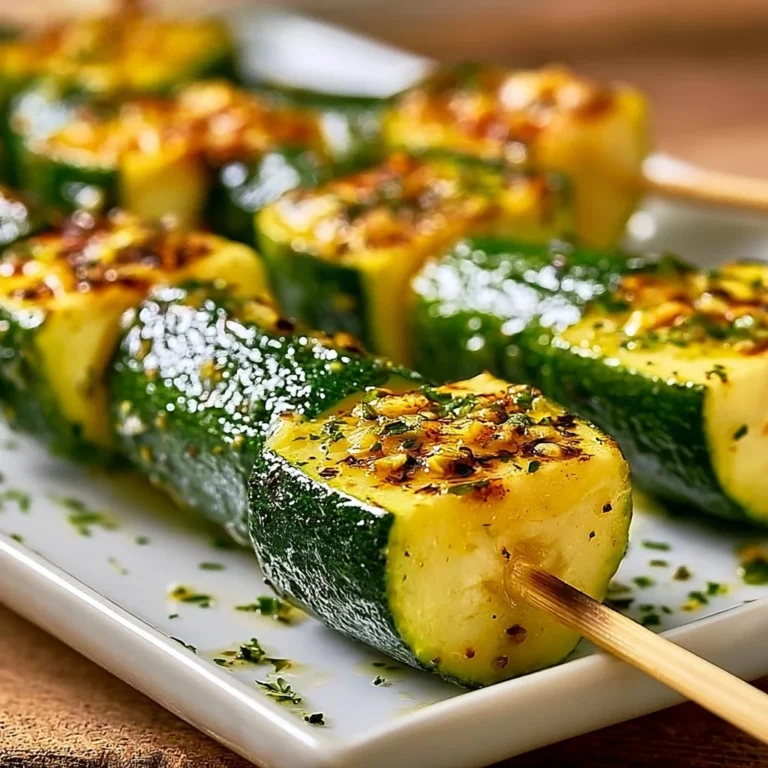 Leckere Knoblauchbutter Zucchini Spieße auf einem Grillteller.