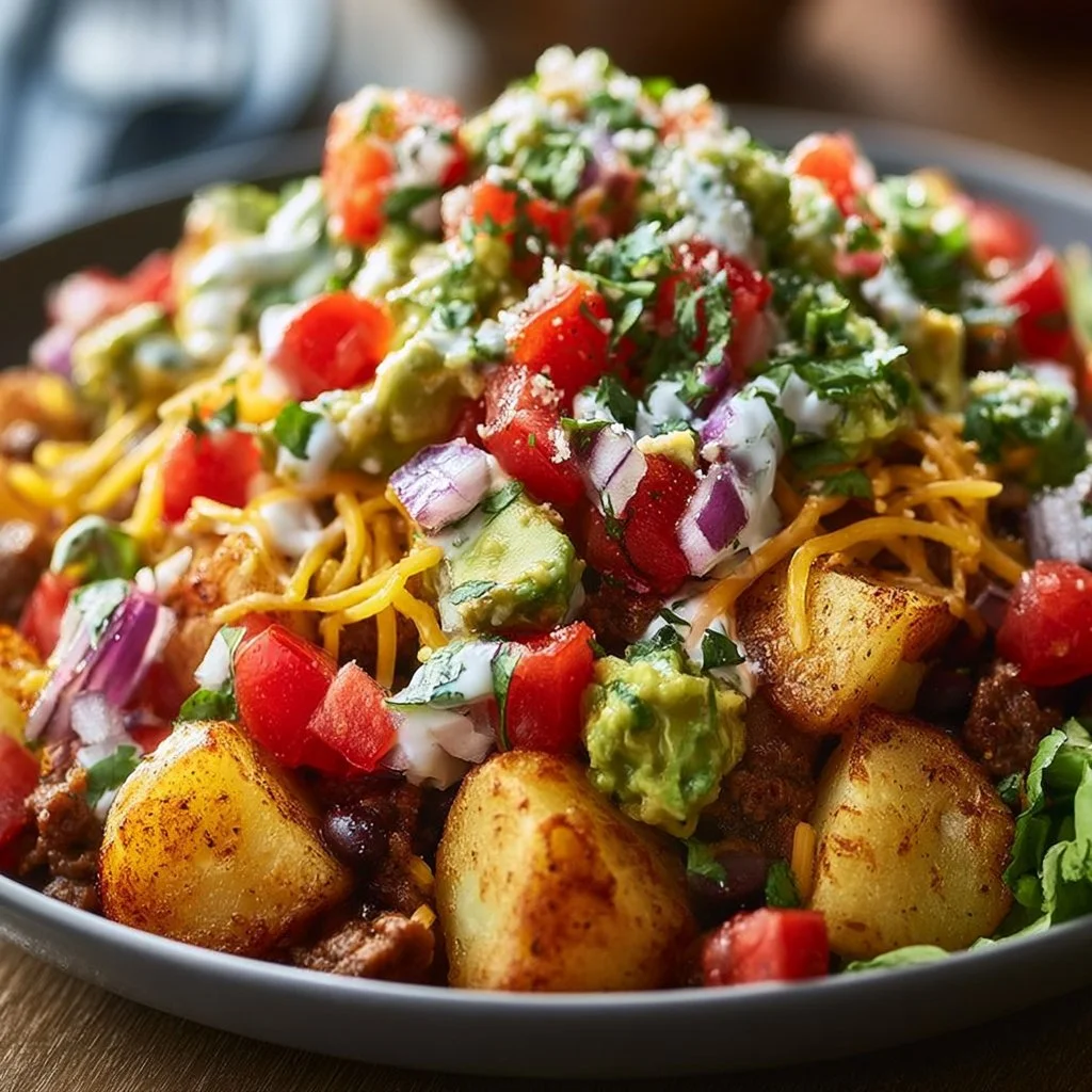 Köstliche Kartoffel Taco Schüssel mit frischen Zutaten und Gewürzen