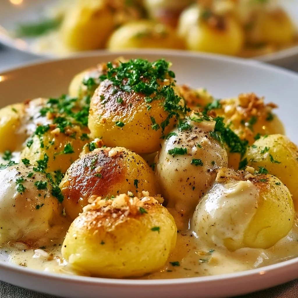 Kartoffeln in Knoblauch-Sahnesauce auf einem Teller serviert