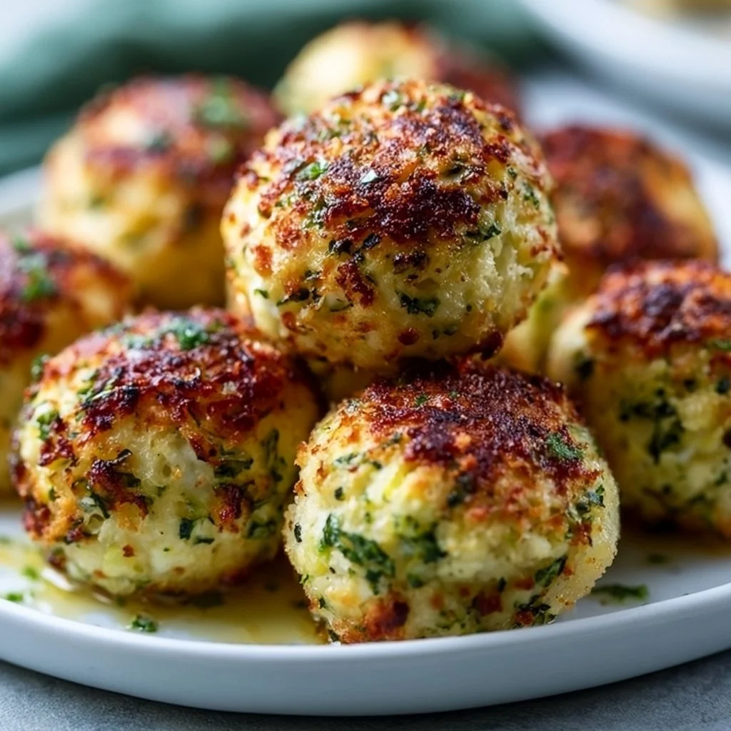 Knusprige Zucchini-Feta-Bällchen frisch aus dem Ofen auf einem Teller