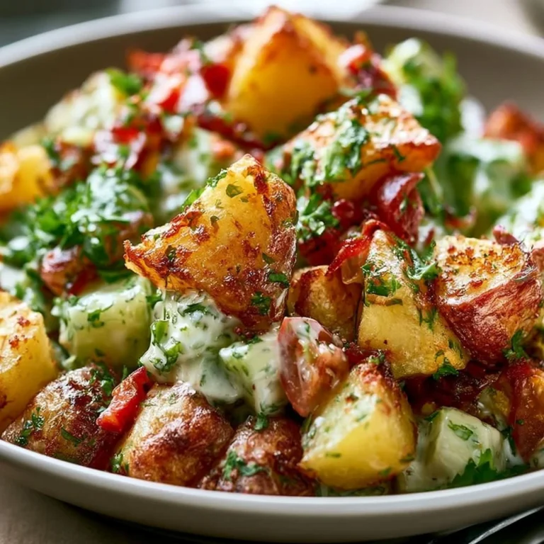 Knuspriger Kartoffelsalat mit frischen Zutaten und knusprigen Details.
