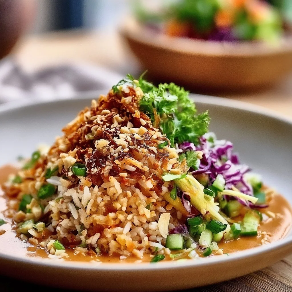 Knuspriger Satay-Reis-Salat mit frischen Zutaten und würziger Erdnusssauce.
