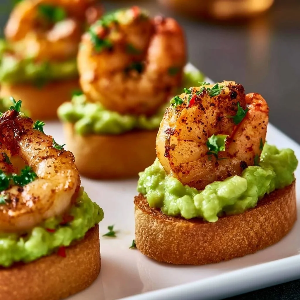 Garnelen-Crostini mit Guacamole auf einem hübschen Teller präsentiert