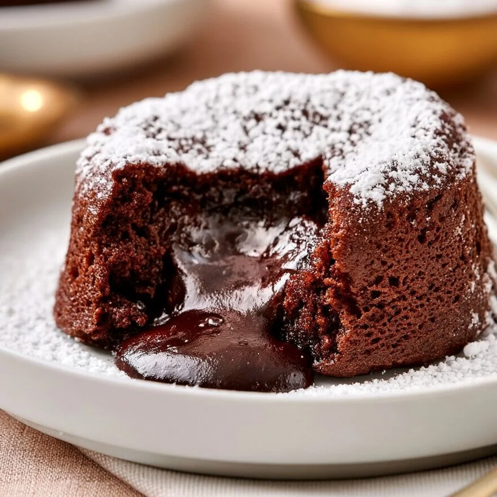 Luftfritteusen Lava-Kuchen mit geschmolzenem Schokoladenkern auf einem Teller