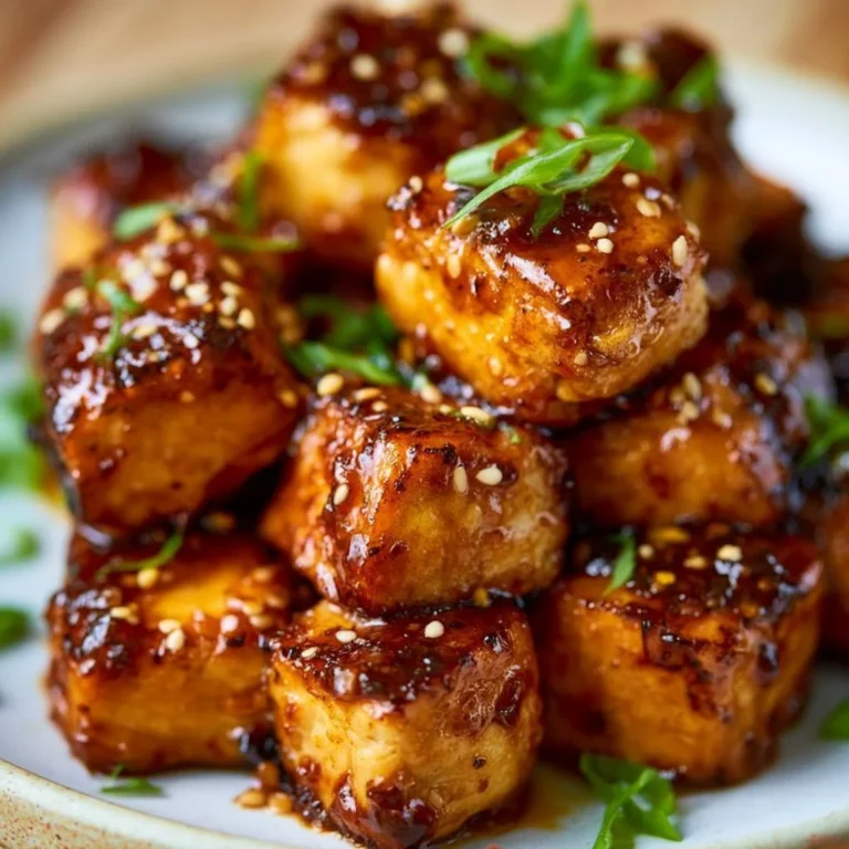 Luftgebackener Tofu mit Honig-Knoblauch-Sauce in einer Schüssel serviert.
