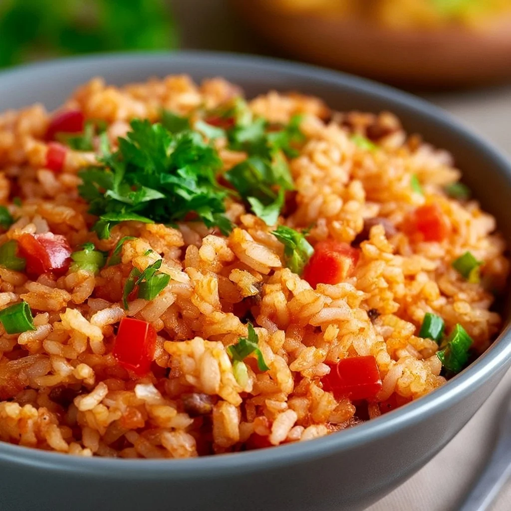 Eine Pfanne mit köstlichem mexikanischen Reis, serviert mit frischen Zutaten.