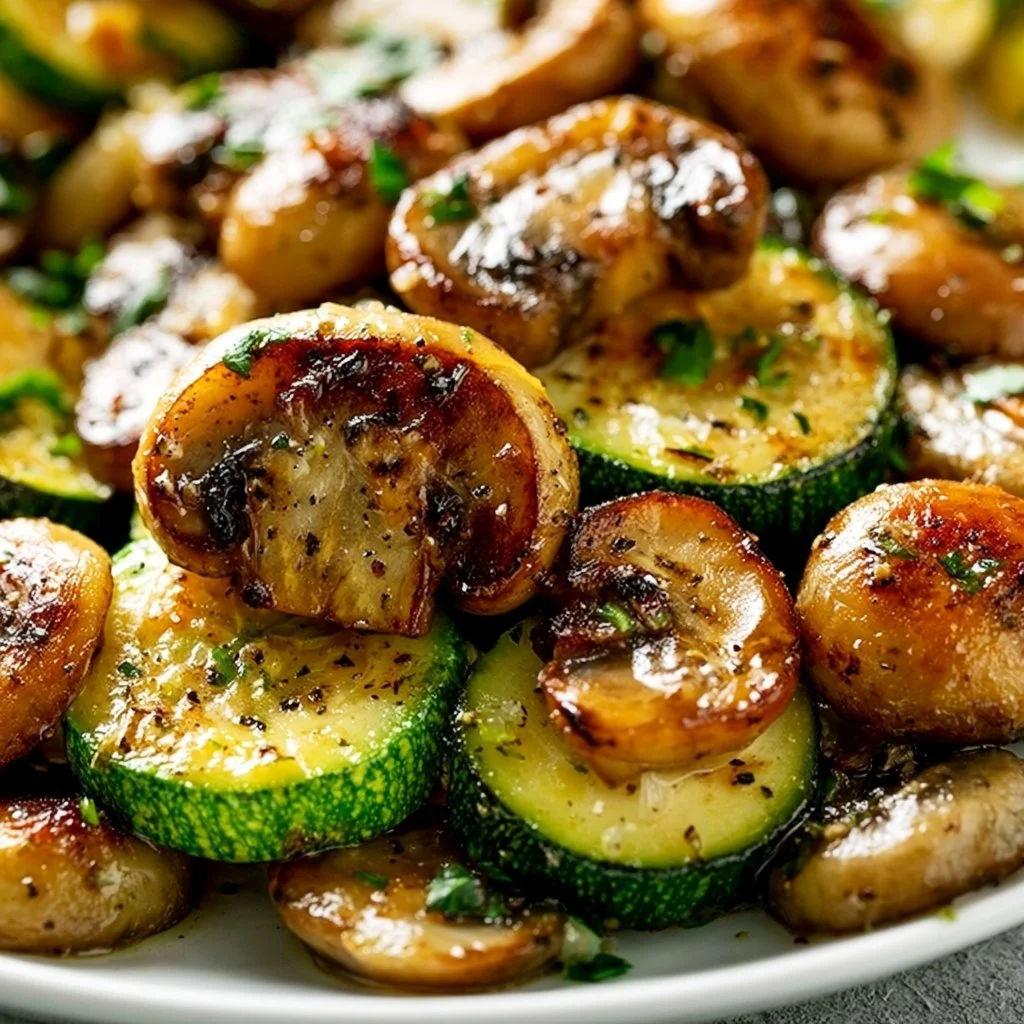 Pfannen-Zucchini mit Champignons in der Pfanne gebraten