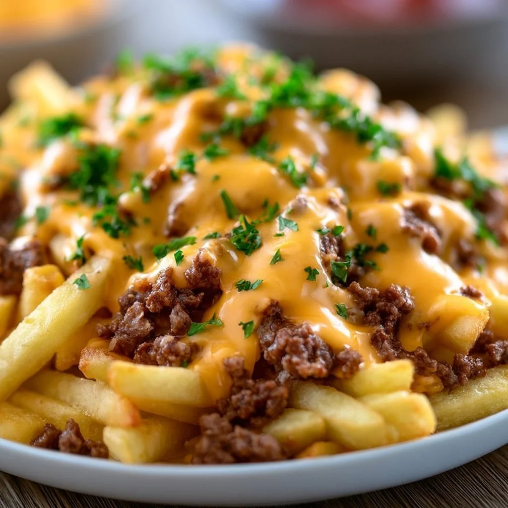 Pommes Frites mit Hackfleisch und Cheddar