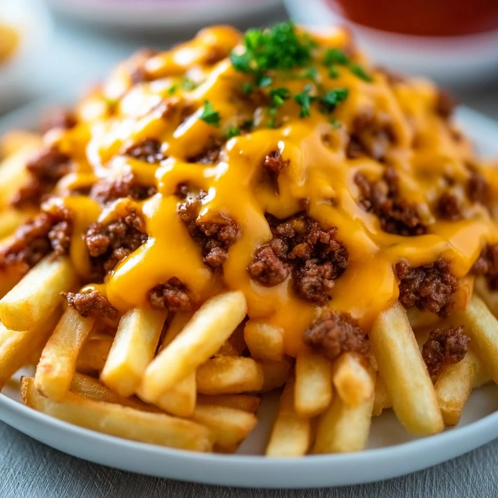 Pommes Frites mit Hackfleisch und Cheddar
