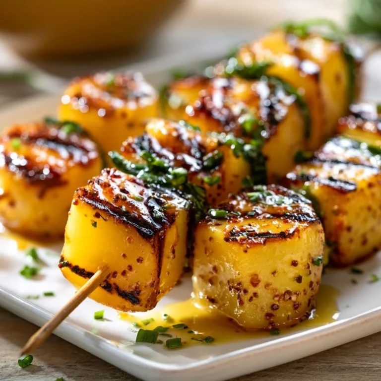 Gegrillte Honig-Senf Kartoffelspieße auf dem Grill serviert