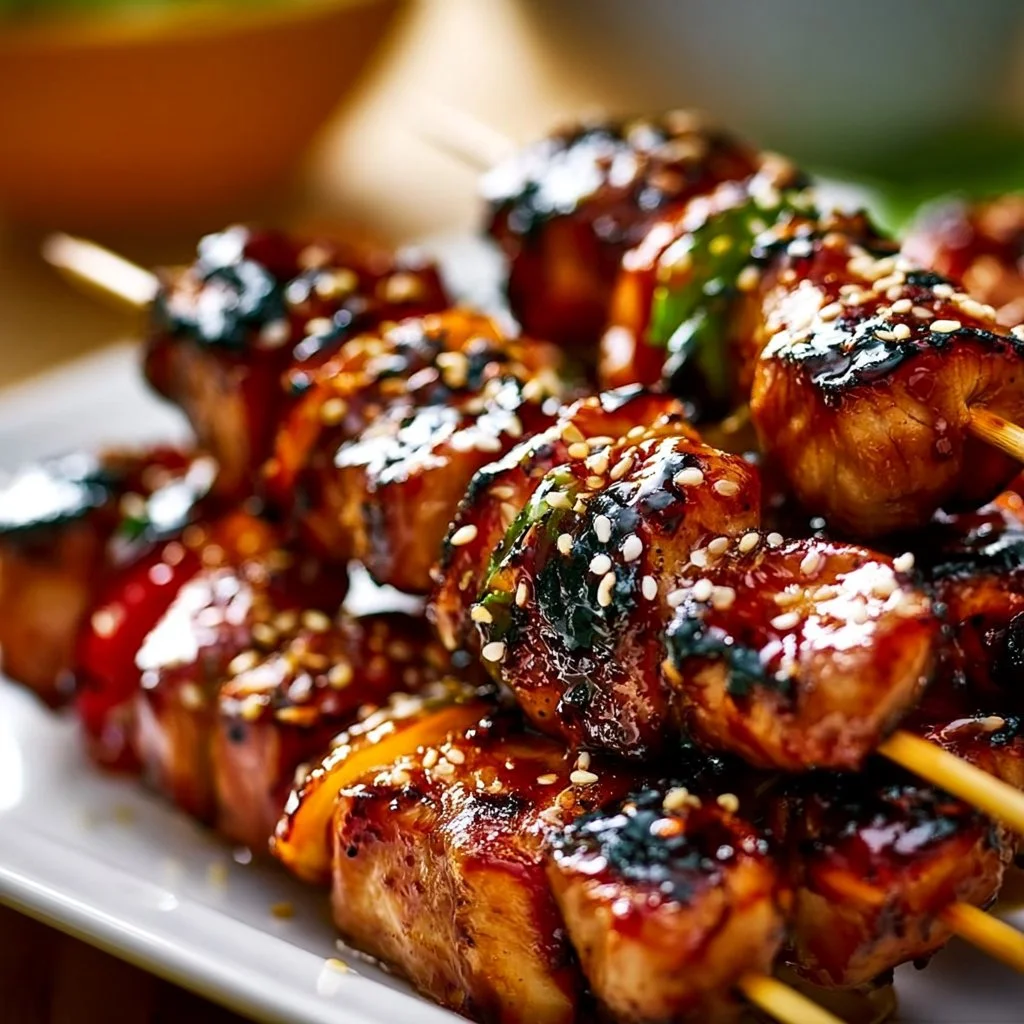 Saftige Teriyaki Hähnchen Spieße auf einem Grill, lecker mariniert