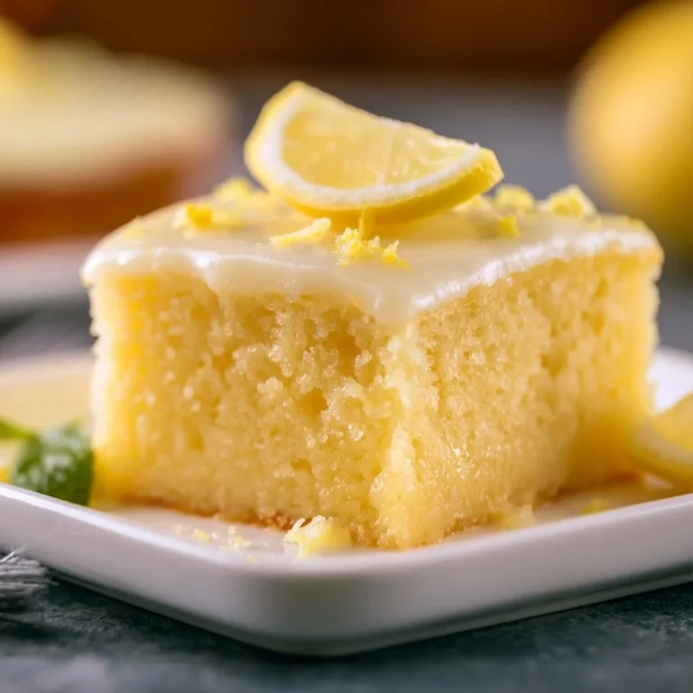 Saftiger Zitronenkuchen vom Blech mit Zitronenscheiben dekoriert.