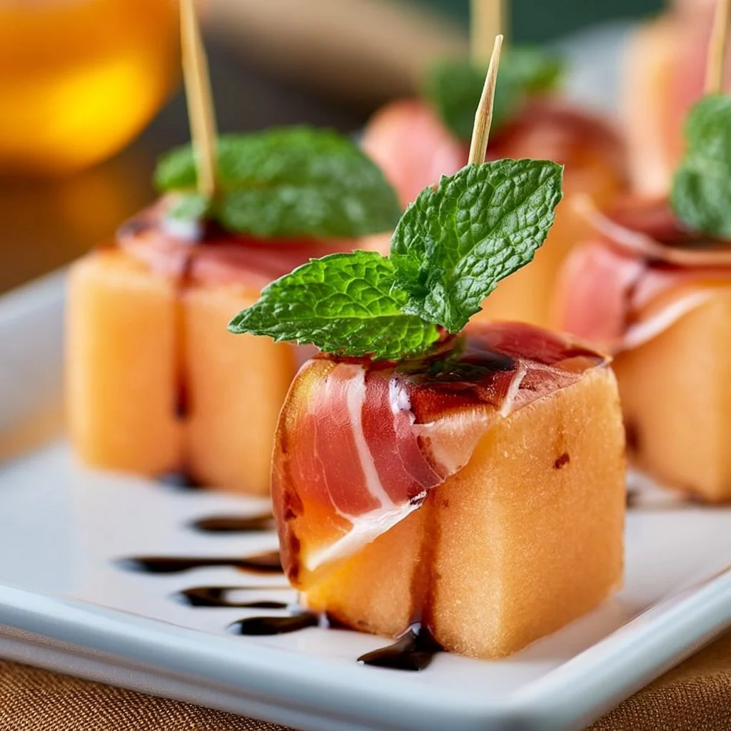 Schinkenwrapped Melonenspieße mit Balsamico und Minze