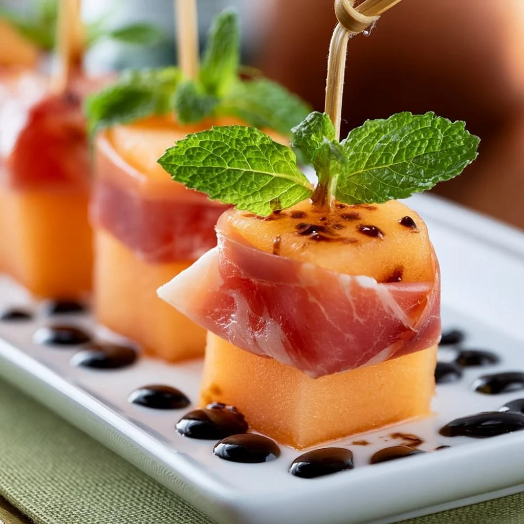 Schinkenwrapped Melonenspieße mit Balsamico und Minze