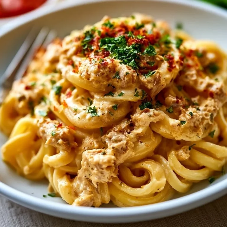 Schnelle Pasta mit Thunfischsauce auf einem Teller serviert