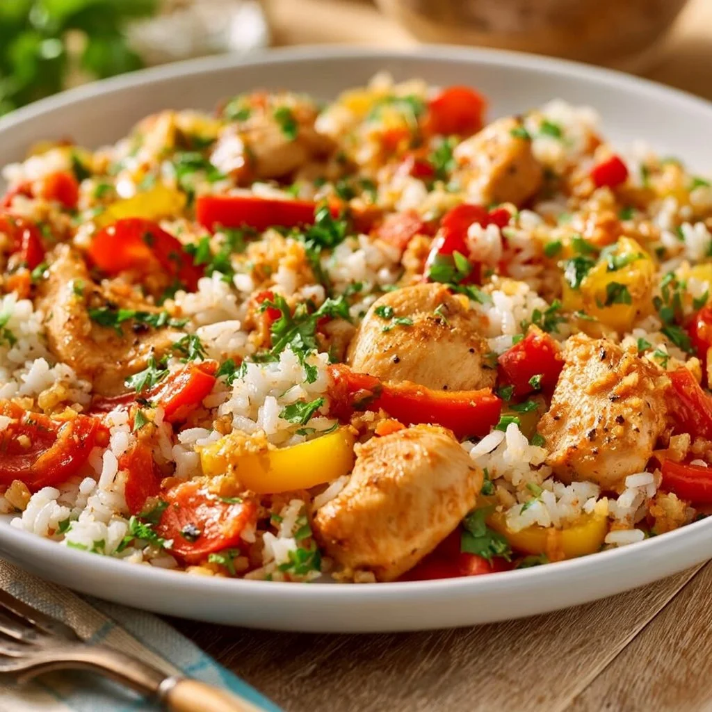 Schnelles Abendessen mit Reis, Paprika und Hähnchen auf einem Teller
