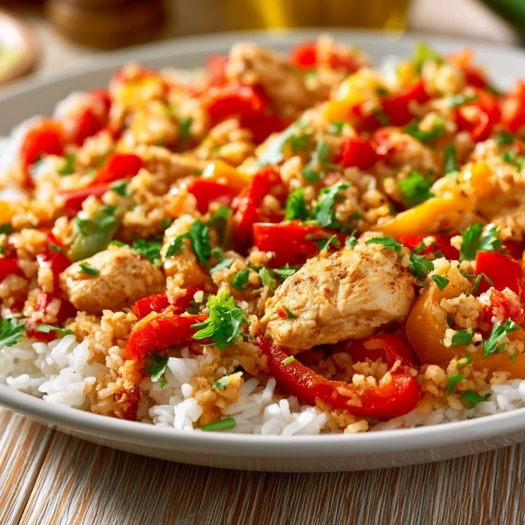 Schnelles Abendessen mit Reis, Paprika und Hähnchen