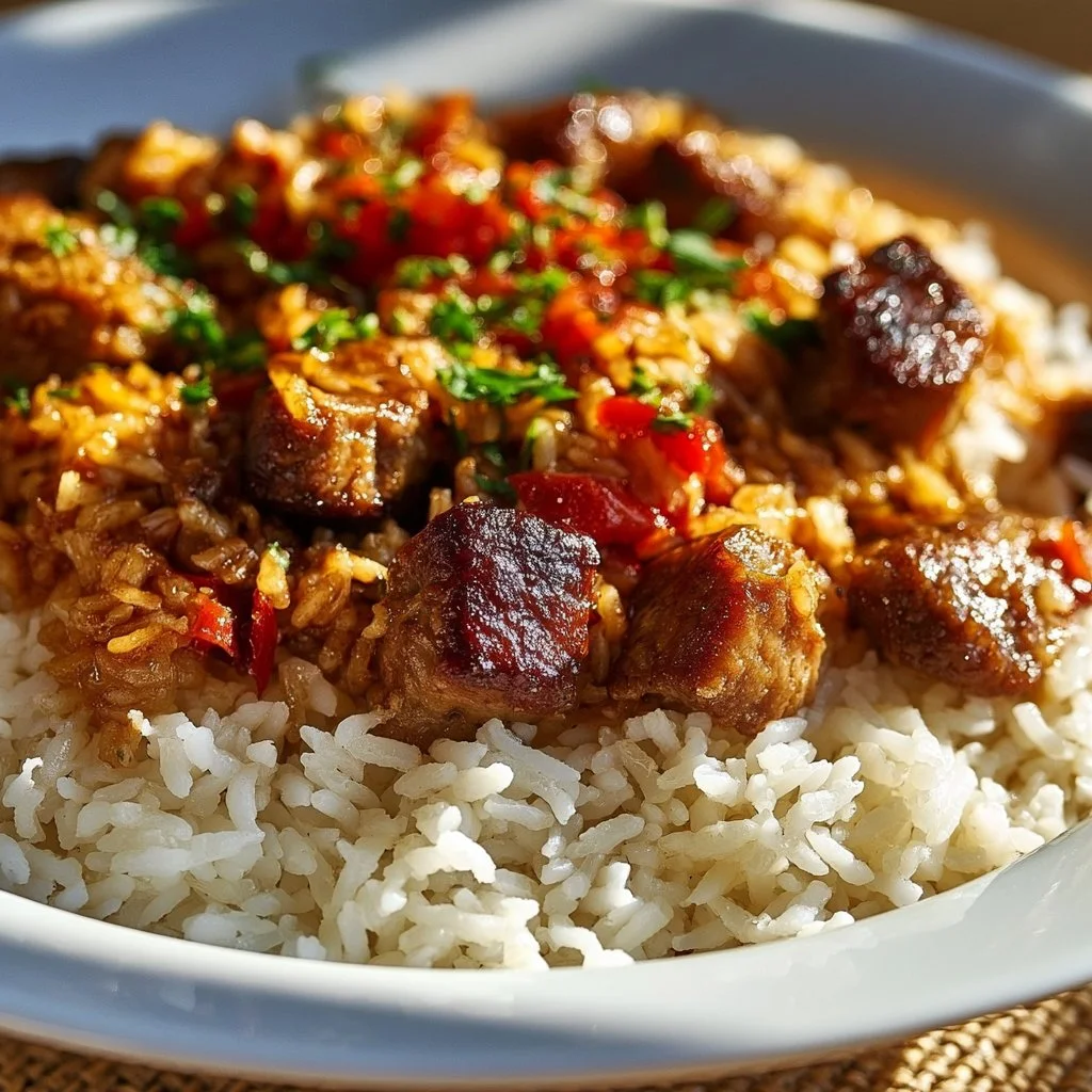 Authentisches serbisches Reisfleisch mit Fleisch und Gewürzen serviert