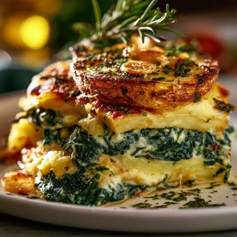 Köstlicher Spinat-Kartoffel-Knoblauch-Auflauf frisch aus dem Ofen.