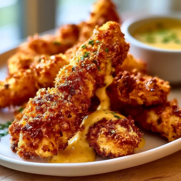 Super knusprige Air Fryer Hähnchenstreifen mit Honig-Senf-Sauce auf einem Teller