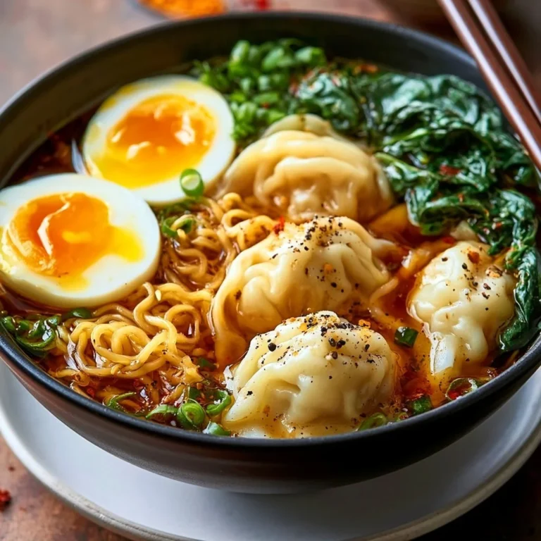 Schüssel mit Teigtaschen-Ramen, eine köstliche Kombination aus Ramen und gefüllten Teigtaschen