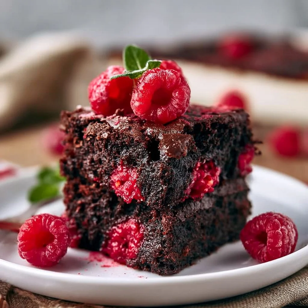 Vegane Himbeer-Brownies mit frischen Himbeeren und Schokolade