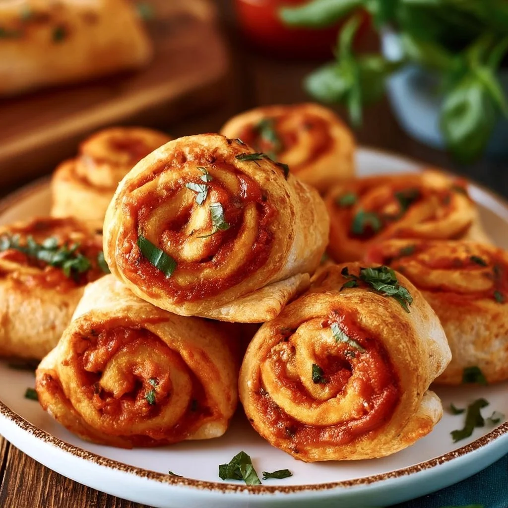Vegane Pizzaschnecken frisch gebacken auf einem Teller