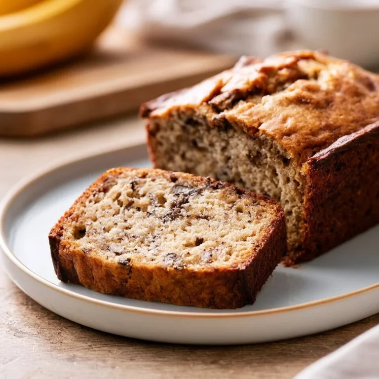 Veganes Bananenbrot mit reifen Bananen und Nüssen auf einem Holzbrett