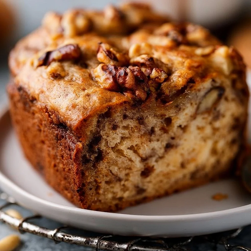 Veganes Bananenbrot auf einem Holzbrett mit einer Bananen-Dekoration