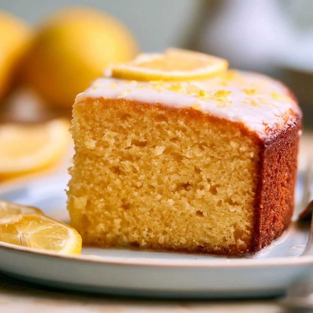 Saftiger Zitronenkuchen mit Öl auf einem Teller, dekoriert mit Zitronenscheiben.