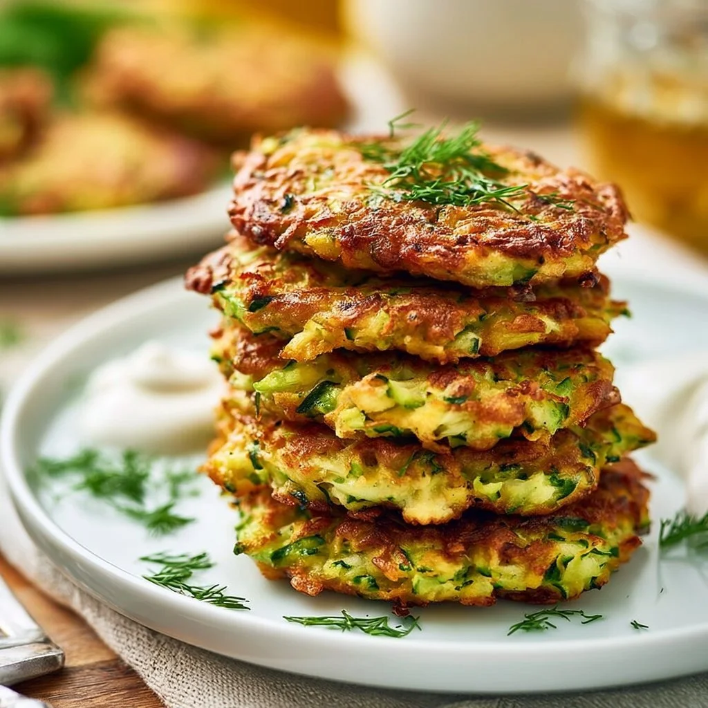 Köstliche Zucchinipuffer auf einem Teller serviert