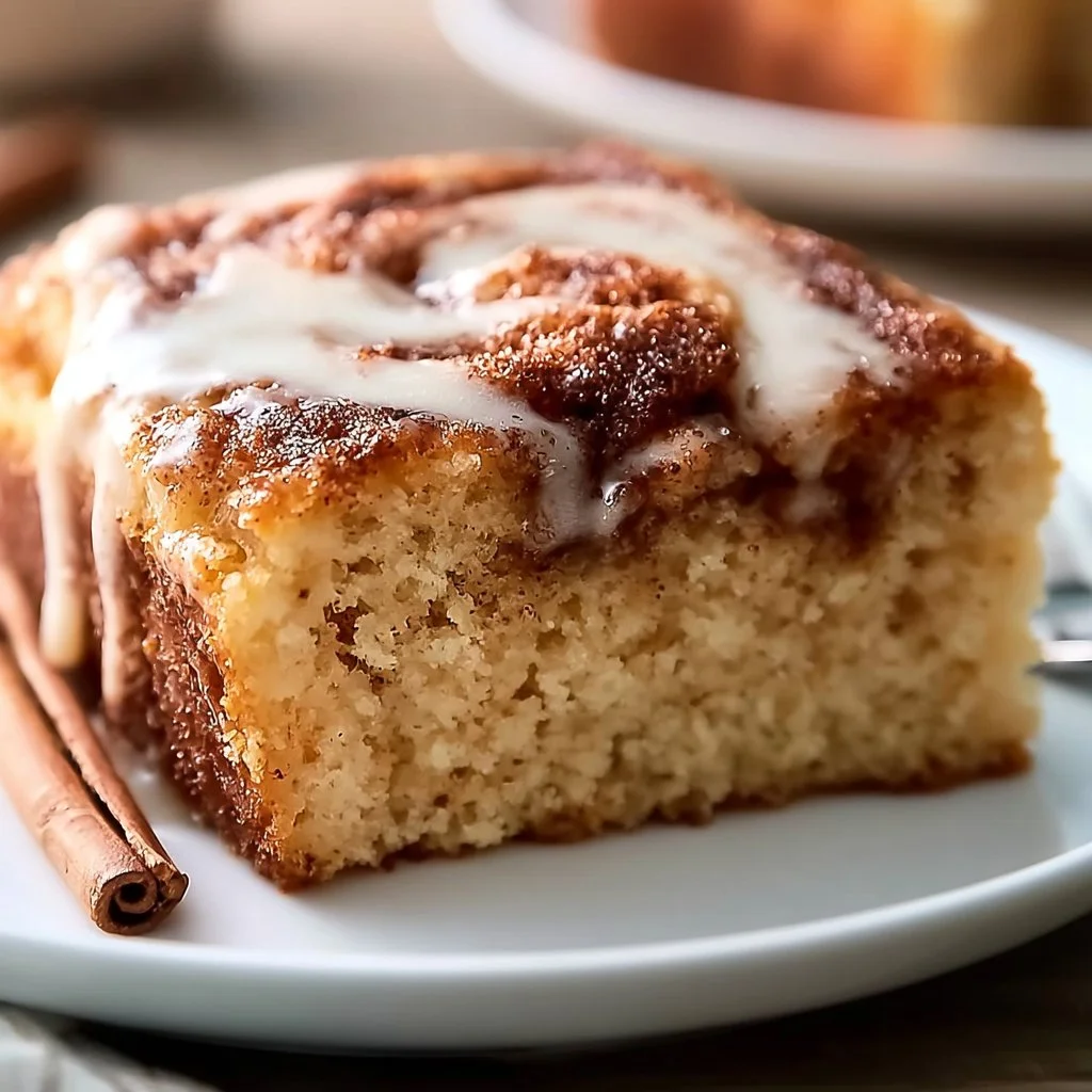 Einfacher Zimt Kuchen auf einem Teller, dekoriert mit Zimtstangen und Puderzucker.