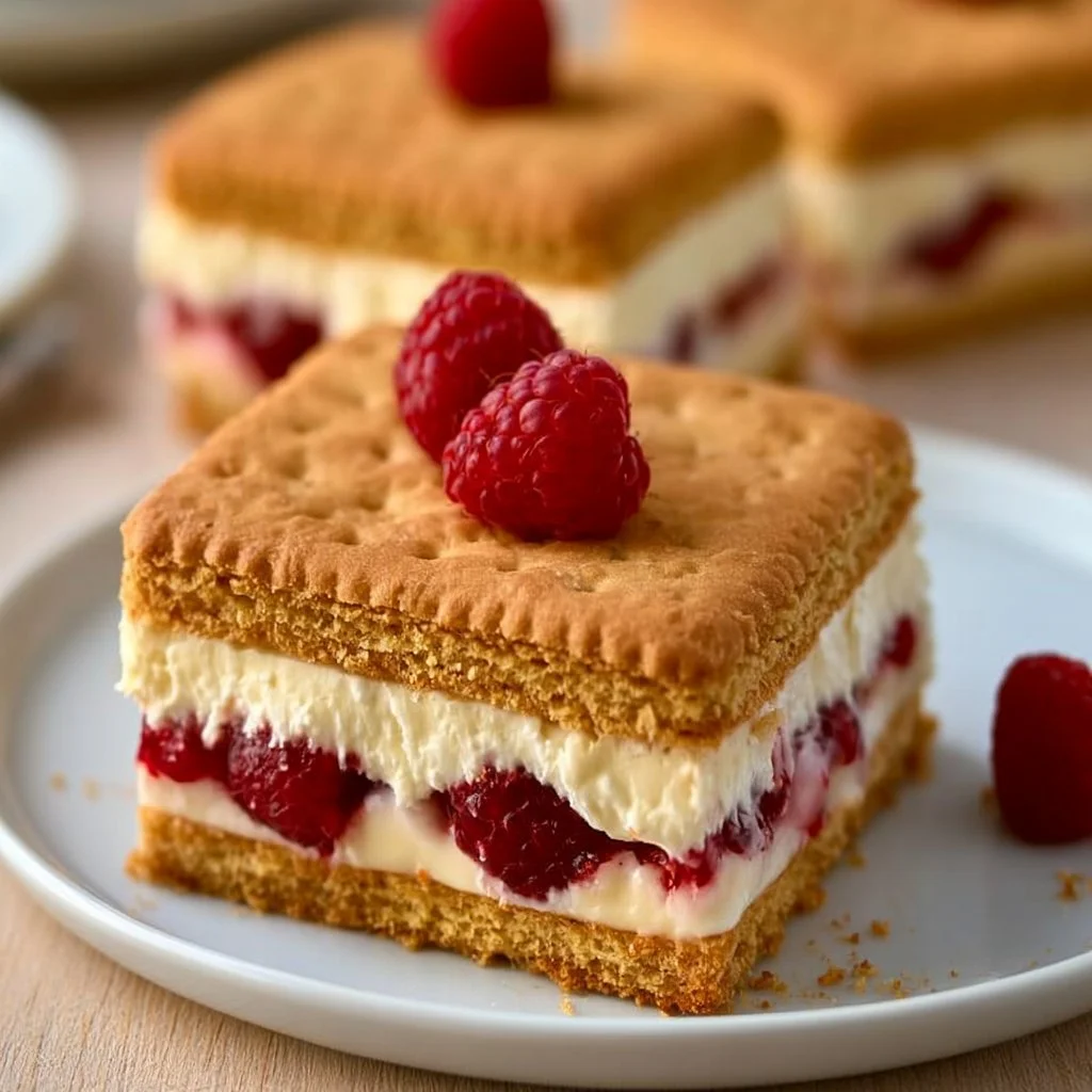 Butterkekskuchen mit Himbeeren und Pudding auf einem Teller angerichtet.