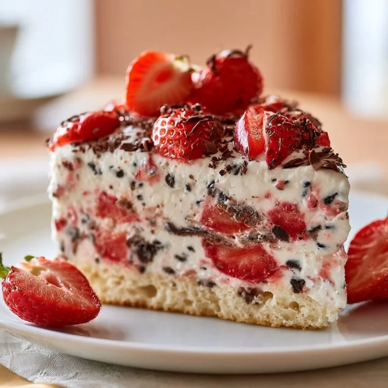 Erdbeer-Stracciatella-Torte mit frischen Erdbeeren und Schokoladensplittern