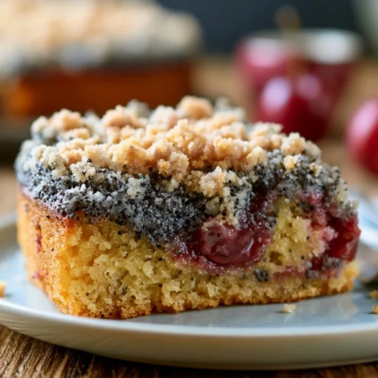 Mohn-Pflaumenkuchen mit dicken Streuseln auf einem Teller angerichtet.