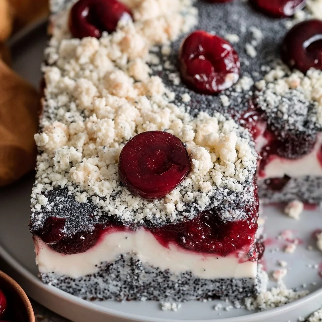 Mohn-Quark-Kirschtorte mit Kirschen und Quarkfüllung auf einem Teller