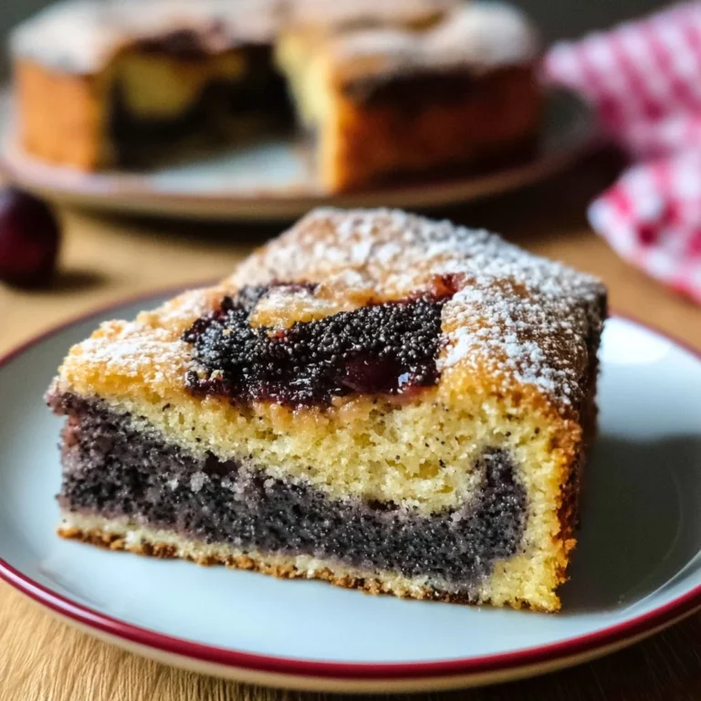 Omas saftiger Pflaumen-Mohn-Kuchen auf einem Teller